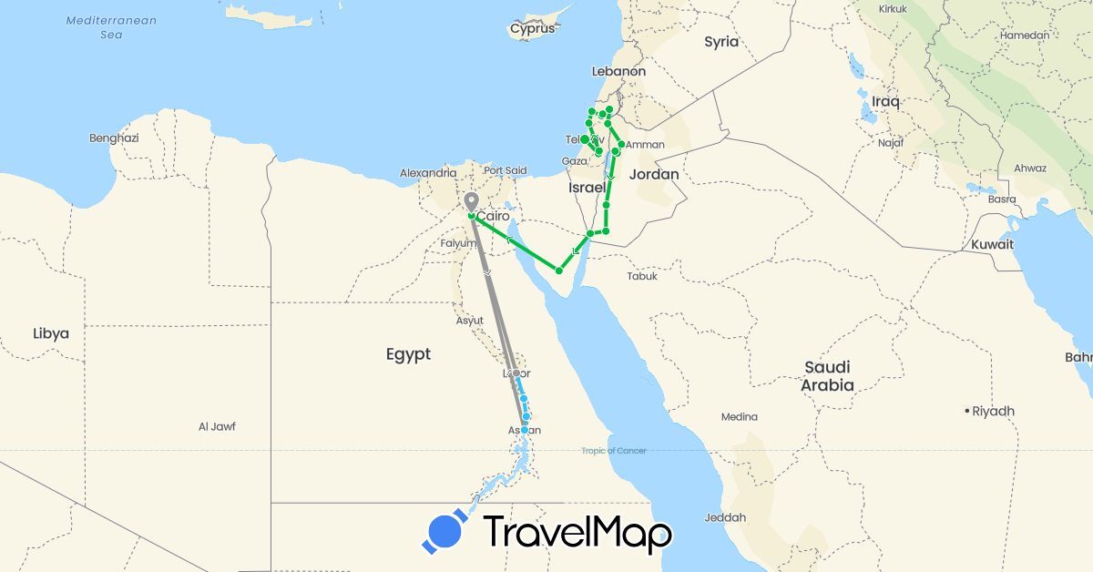 TravelMap itinerary: driving, bus, plane, boat in Egypt, Israel, Jordan, Palestinian Territories (Africa, Asia)